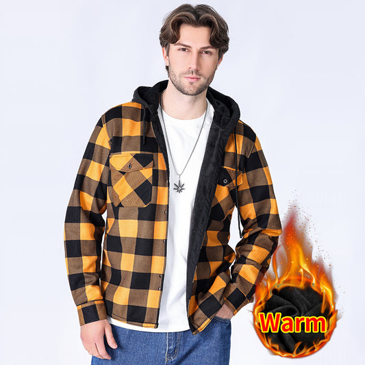 Casual Fleece-lined Hooded Plaid Shirt For Men